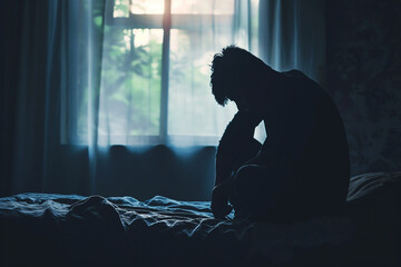 Silhouette of a depressed man sitting sadly on the bed in the bedroom - obrazy, fototapety, plakaty
