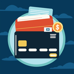 Credit or debit card, wallet, financial document and dollar coin. Vector flat illustration for online shopping or payment, cash back, sale offer, bank service. Background with clouds.