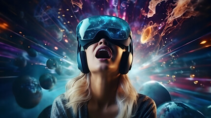 Amazed young woman wearing a VR headset exploring the metaverse's virtual space. Gaming and futuristic entertainment concept