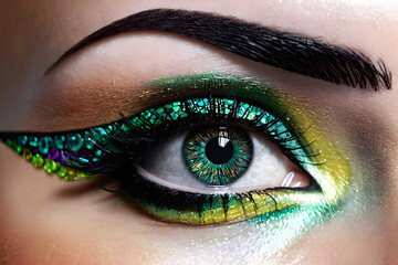 Green and shiny eye makeup, diamond skin mosaic, tempting and soft color passage, emerald eye. Generative AI