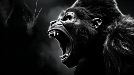 Angry Gorilla screaming in black and white