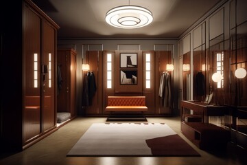 Wardrobe with wooden furniture in modern luxury house.