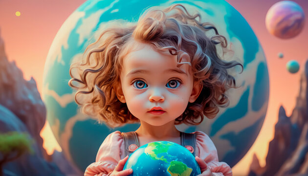 Planet Earth in the children's hands of a beautiful touching baby.
