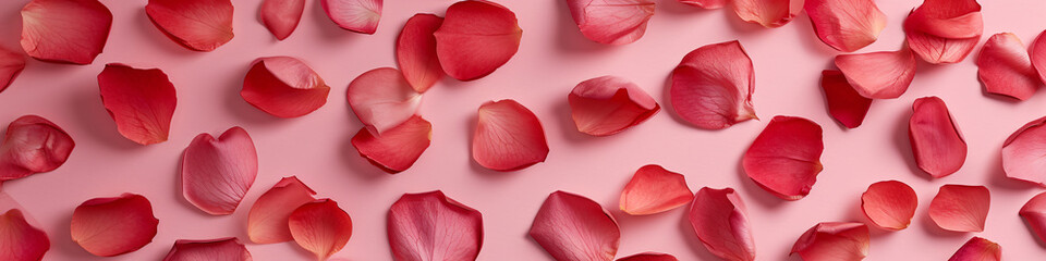 rose flower petals on a light pink background banner, a falling or flying red rose petals image