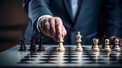 Businessman's hand moving chess piece on the chess board game
