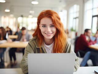 cute female student with red hair enjoys working with laptop in class