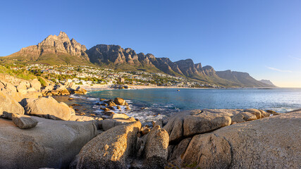 Panorama of Camps Bay with the mountain range "the 12 Apostles&ldquo;
