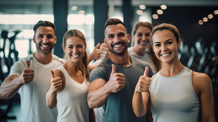 Group of joyous young people wearing sportswear showing thumbs up in gym