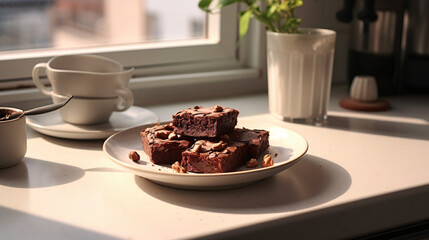 Chocolate brownies on a white plate white kitchen - obrazy, fototapety, plakaty