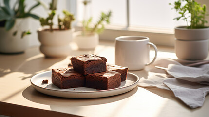 Chocolate brownies on a white plate white kitchen - obrazy, fototapety, plakaty