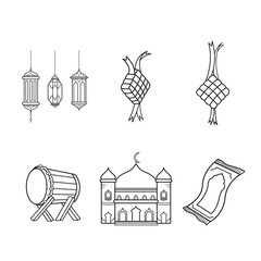 Islamic Eid Mubarak Ramadhan Idul Fitri themed vector icon set collection outline isolated on white background. Simple flat black and white monochrome minimalist cartoon art styled drawing.