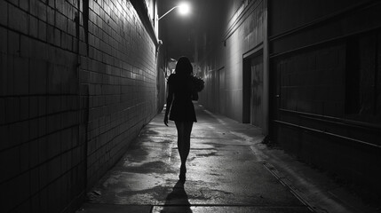 A woman, wearing a mini party dress, strolls down a dimly lit narrow alleyway at night, captured in black and white