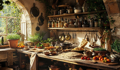 A table in a traditional Italian kitchen full of ingredients: fresh herbs, olive oil, tomatoes,...