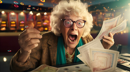 Surprised elderly woman she wins bingo or lottery - obrazy, fototapety, plakaty
