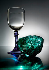 Still-life with glass and piece of raw green glass