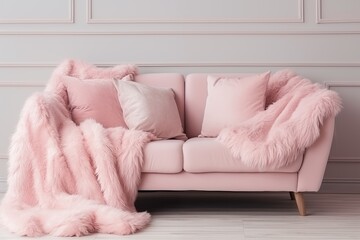 Fototapeta na wymiar Cozy pink sofa with sheepskin furry blanket and pillows. Scandinavian farmhouse, hygge home interior design of modern living room. Warm and inviting winter atmosphere