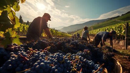Workers harvest grapes, ready to craft the essence of exquisite wine - obrazy, fototapety, plakaty