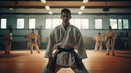 Karate training in a dojo hall