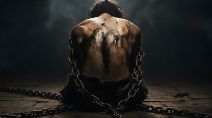 Man tied with chains all over