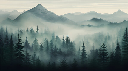 Misty landscape with fir forest in old vintage retro style
