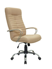beige office armchair on wheels isolated on white background, side view.