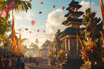 Balinese new year, traditional holiday. Celebrating at a temple in Bali with a large group of people - obrazy, fototapety, plakaty