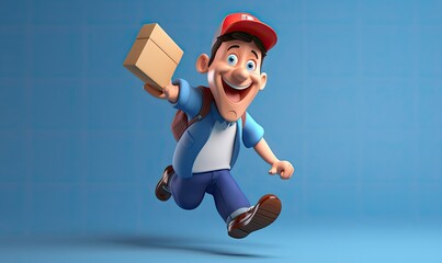 Courier with box, 3d man character. Postman carry mail or package.