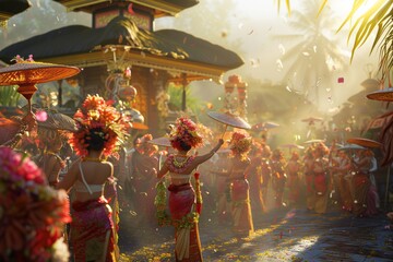 Balinese new year, traditional holiday. Celebrating at a temple in Bali with a large group of people