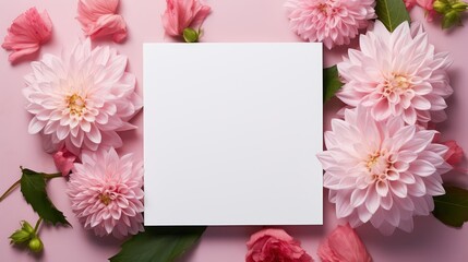 Blank white card with pink dahlia flowers on pink background