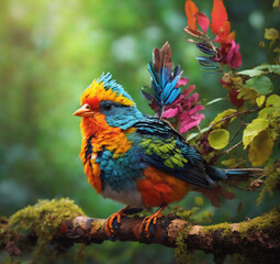A beautiful colorful bird is sitting on a branch