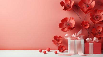 Cherry blossom and gift box on red background with copy space