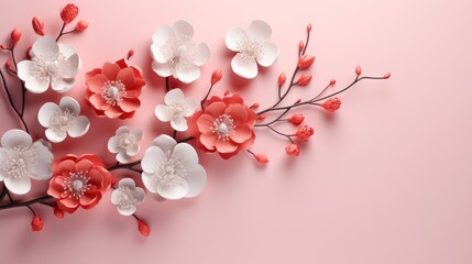 Paper cut sakura flowers on pink background