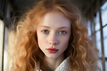 Naklejka premium Close-up portrait of a beautiful woman with albinism, featuring flowing hair