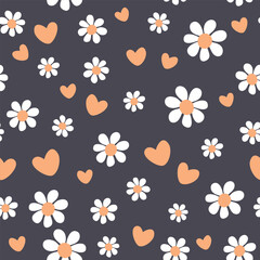 Seamless pattern with daisies and hearts. Vector illustration. It can be used for wallpapers, wrapping, cards, patterns for clothes and other.