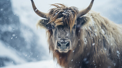 Closeup image of yak at snow storm high at Dombay