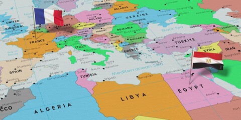 France and Egypt - pin flags on political map - 3D illustration