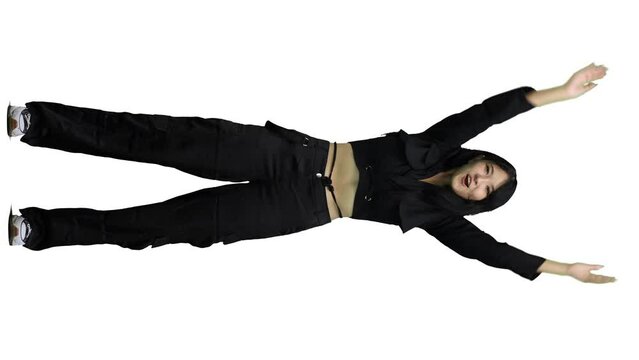 A woman in black clothes, on a white background, in full height, claps