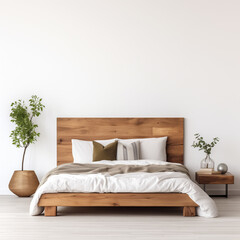 Modern Rustic Bed wood headboard against a blank wall Scandinavian style interior design