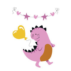 Cute beautiful dinosaur goes to the festivities with a balloon. Pink dinosaur. Vector illustration