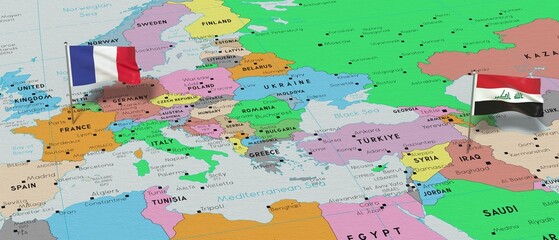 Fototapeta na wymiar France and Iraq - pin flags on political map - 3D illustration