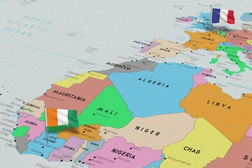 France and Ivory Coast - pin flags on political map - 3D illustration