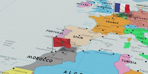 France and Morocco - pin flags on political map - 3D illustration