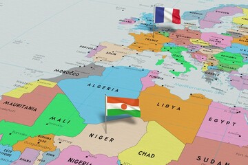Fototapeta na wymiar France and Niger - pin flags on political map - 3D illustration