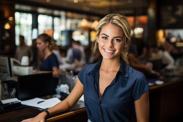 smiling and attractive saleswoman and cashier at work