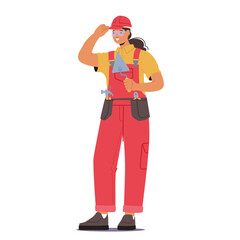 Determined Woman Builder, Adorned In A Hard Hat And Tool Belt. Skillful Female Constructor Character