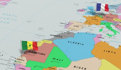 France and Senegal - pin flags on political map - 3D illustration