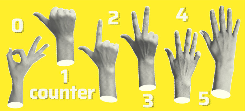 Set halftone statue hands showing gestures counting from zero to five isolated yellow background Trendy creative collage elements Cut magazine style. Contemporary art Modern design Vector illustration