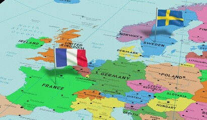 Obraz premium France and Sweden - pin flags on political map - 3D illustration