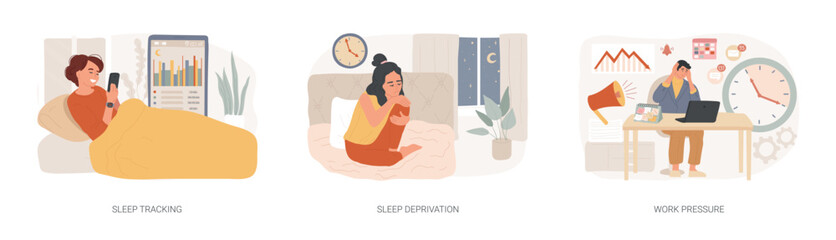 Stress management isolated concept vector illustration set. Sleep tracking and deprivation, work pressure, digital tracker, mental health, chronic anxiety, deadline pressure vector concept. - obrazy, fototapety, plakaty