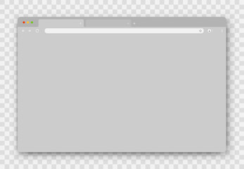 The design of the web browser window in gray on a transparent background. An empty website layout with a search bar and buttons. Vector illustration. - obrazy, fototapety, plakaty